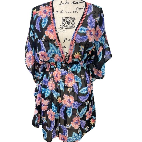 Miken Swim Floral Kimono Cover-Up Swim Elastic Waist Size Medium Black/Purple - Picture 2 of 11